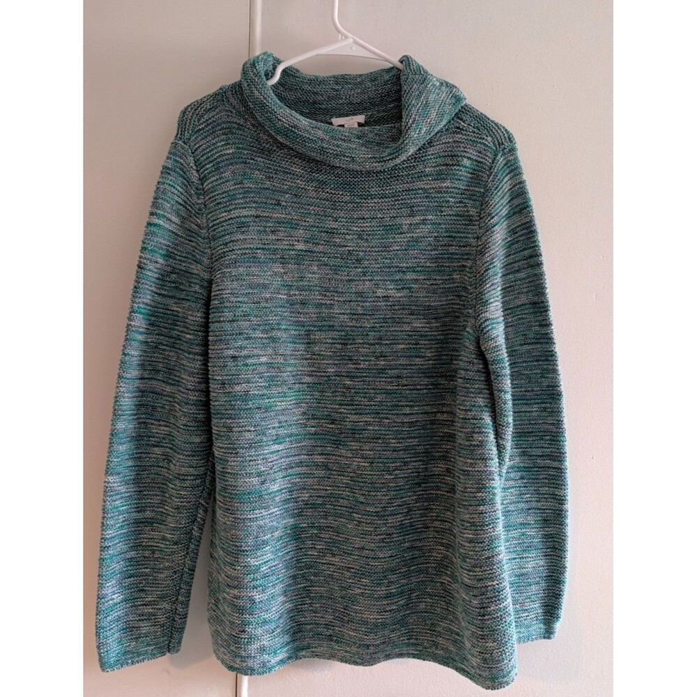 J. Jill Marled Knit Cowl Neck Sweater Size Large Teal Blue Green Pullover mock